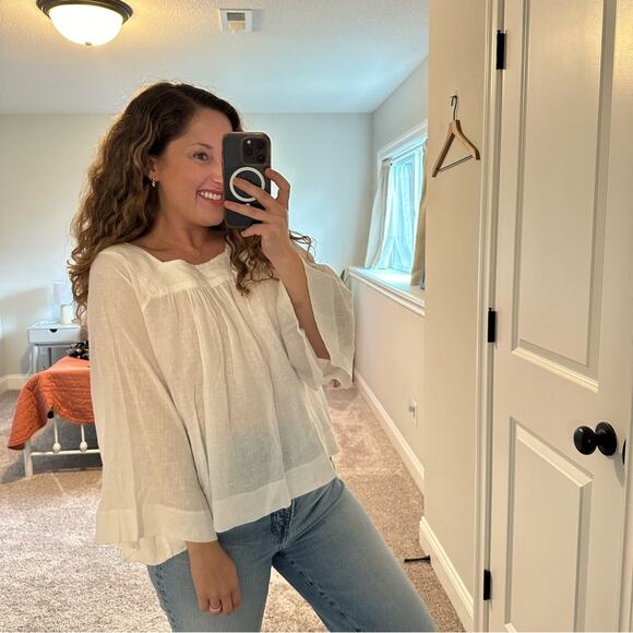 GAP White Linen Square Neck Flare Sleeve Top Blouse Small - Picture 2 of 11